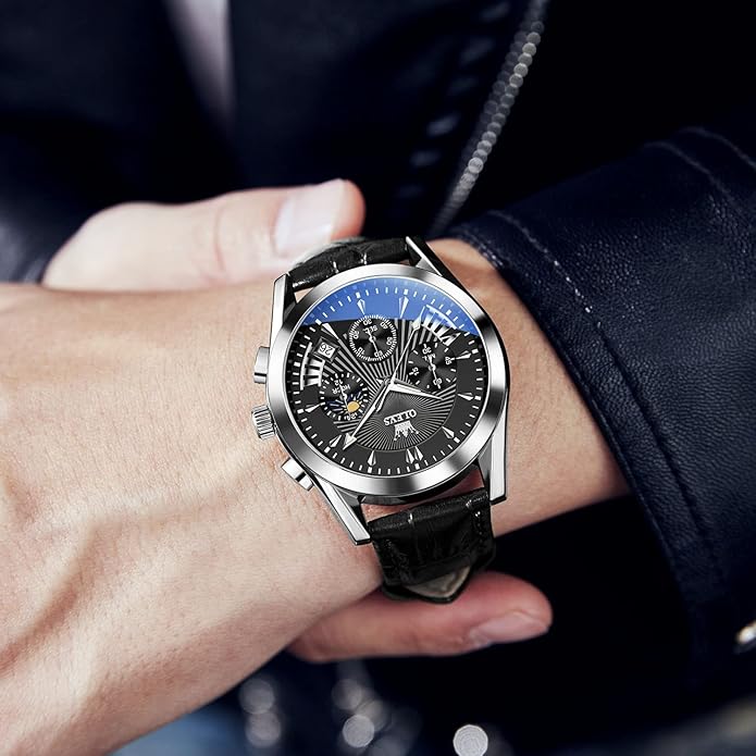 OLEVS Men's Casual Leather Watch, Big Face Chronograph Watch for Men, Fashion Easy to Read Dress Watch, Men's Waterproof Luminous Date Analog Watch, Gold/Black/White/Blue Dial