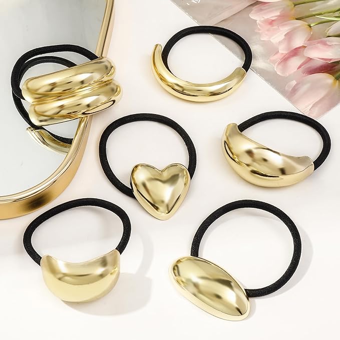 Gold Metal Hair Ties for Women - Cuffs, Accessories, Elastic Bands for Thick and Thin Hair Ponytails