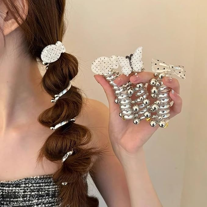 3PC Pearl Butterfly Telephone Wire Hair Ties – Spiral Elastic Bubble Ponytail Hair Bands for Women & Girls, No Damage, Soft & Stretchy Hair Accessories for High Ponytails and Braids(set-E)