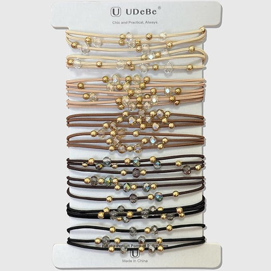 10pcs Brown Hair Ties with Gold & Crystal Beads, Thin Elastic Ponytail Holders for Women, No Damage, Stylish Hair Accessories