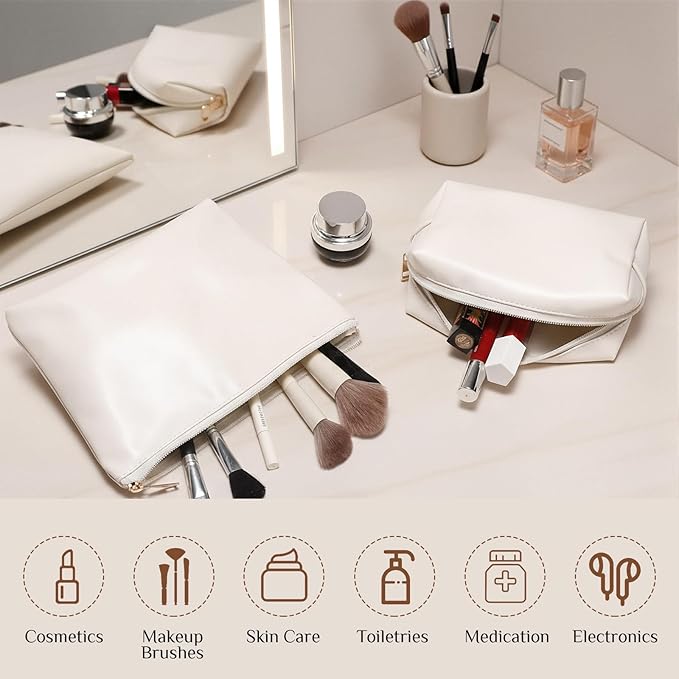 Kigeli 2 Pcs PU Leather Makeup Bag Set for Women Aesthetic Cosmetic Bag Small Toiletry Travel Pouch for Purse Emergency Skincare Organizer Valentine Gifts for Bridesmaid Birthday(Beige)