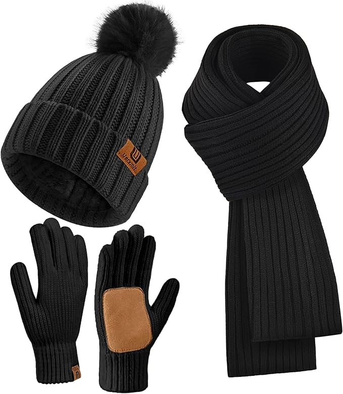 Womens Winter Beanie Hat Scarf Gloves Set Warm Knit Beanie with Pom Pom Long Scarf Touchscreen Gloves 3 in 1 Set