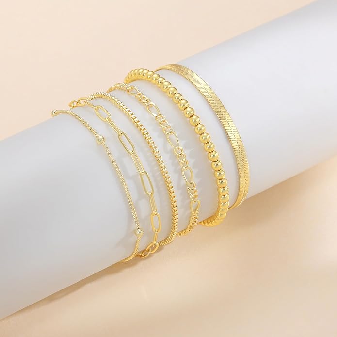 DEARMAY Gold Bracelets for Women Waterproof, 14K Gold Plated Jewelry Sets Trendy Thin Dainty Stackable Cuban Link Paperclip Chain Bracelet Pack Fashion Accessories Gifts for Womens