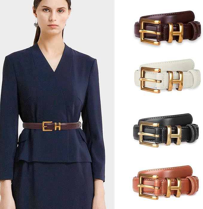 Women's Fashion Classic Metal Buckle Leather Belt with Jeans Dress