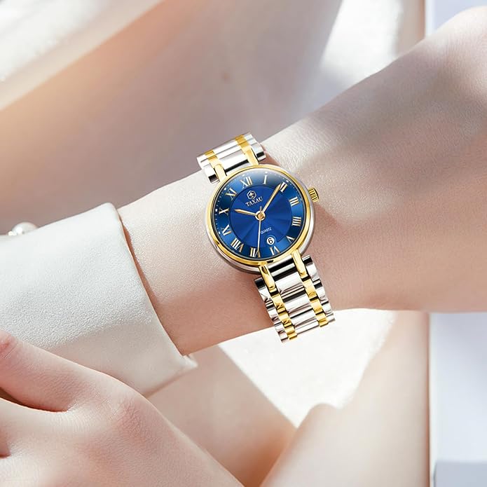 Gold Silver Two Tone Women Stainless Steel Watch Small Wrist ElegantDress Watch for Women Fashion Luxury Waterproof Day Date Analog Quartz Ladies Watches