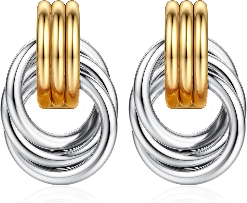 ORAZIO Chunky Gold Plated Knot Earrings for Womens Trendy 925 Silver Statement Lightweight Dangle Drop Hypoallergenic Large Geometric Stud Earring Jewelry for Women