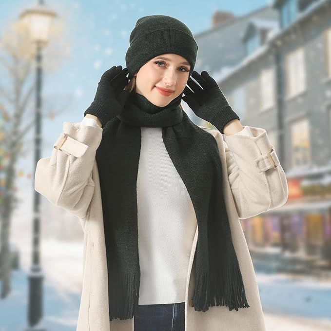 Winter Warm Beanie Hat Touchscreen Gloves Long Scarf Set for Women with Headband, Knit Cap Scarves with Tassel for Women