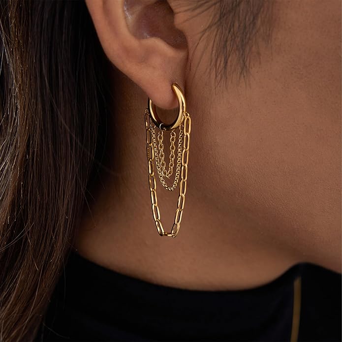 Tassel Chain Hoop Earrings for Women Trendy Two Tone Dangling Chain Earrings Hypoallergenic Fashion Jewelry Gifts