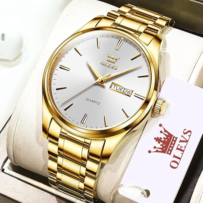 OLEVS Mens Gold Watches Analog Quartz Business Dress Watch Day Date Stainless Steel Classic Luxury Luminous Waterproof Casual Male Wrist Watches