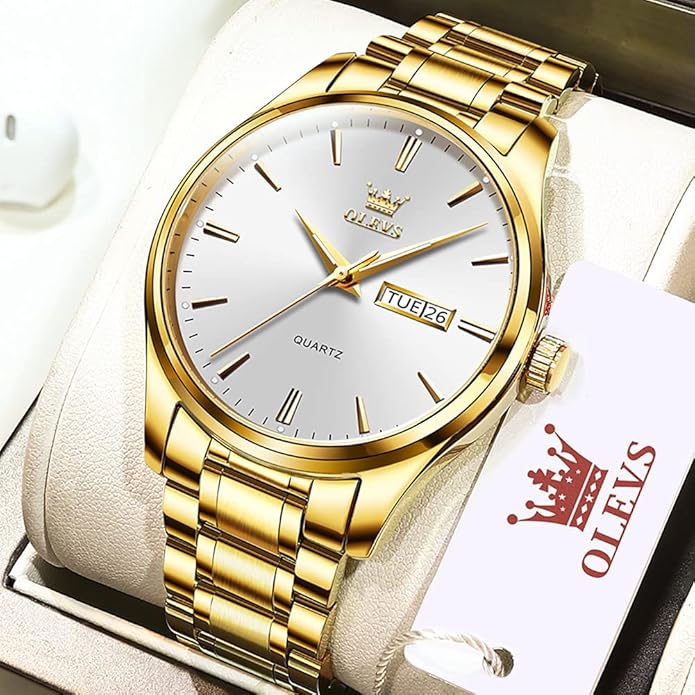 OLEVS Classic Men Watches with Date,Stainless Steel Man Watch with Date, Bussiness Watches for Men,Luminous Quartz Mens Watches Black/White/Blue/Gold, Waterproof Male Watch with Week
