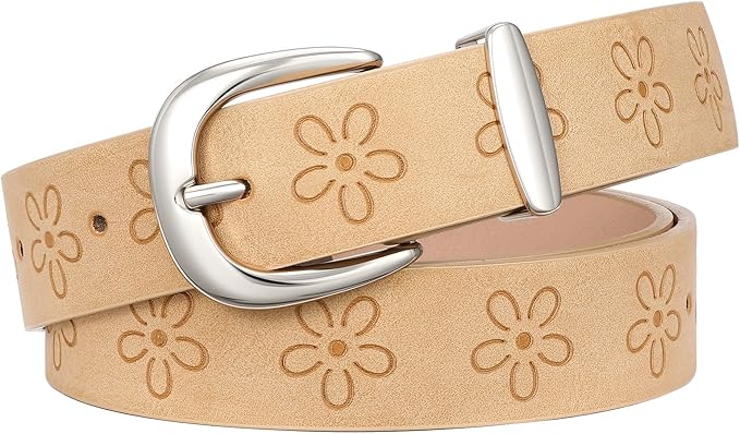SANSTHS Womens Belt for Jeans Pants Dresses with Alloy Buckle, Floral Print Belt for Women with Unique Print Design