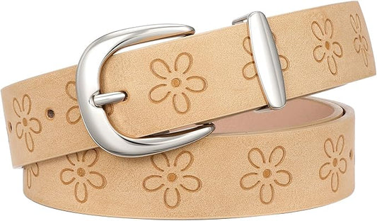 SANSTHS Womens Belt for Jeans Pants Dresses with Alloy Buckle, Floral Print Belt for Women with Unique Print Design