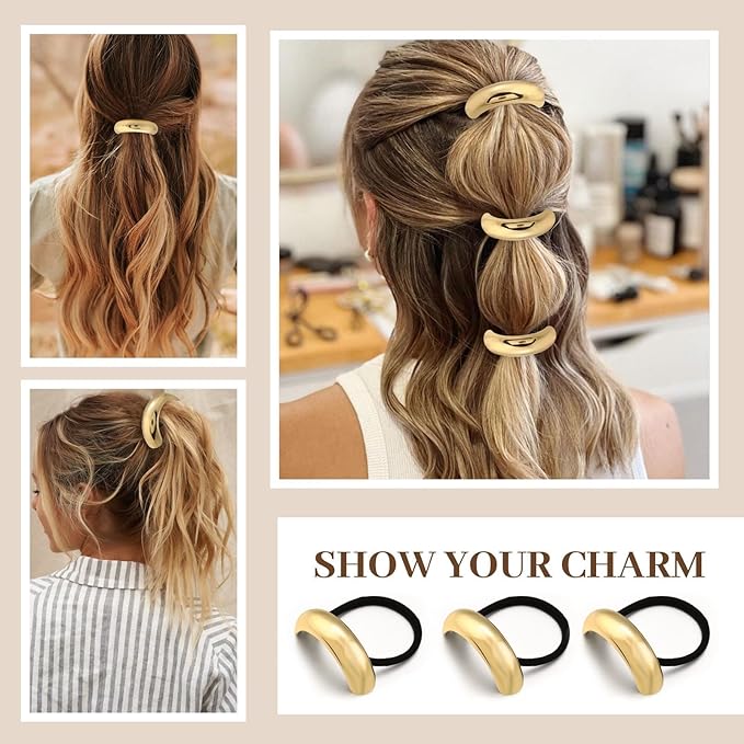 4PCS Gold Hair Ties, Metal Hair Ties for Thick Hair, Elegant Durable Round Geometric Design Hair Cuffs, Gold Hair Accessories for Women, Stretchy Non-Damage Ponytail Holders Holiday Gifts