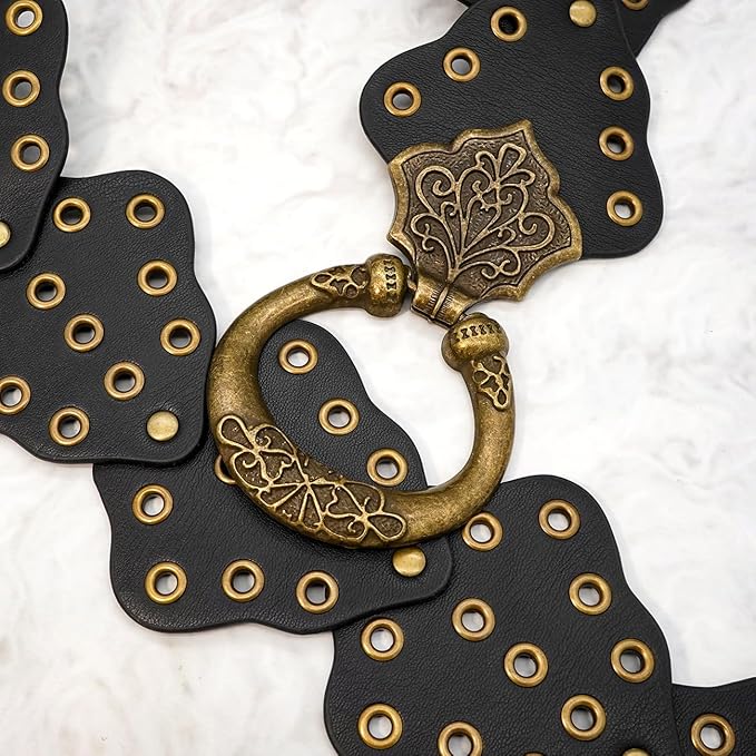 Wide Disc Belt for Women Vintage Hollow Boho Leather Belt Western Chunky Waist Belt Cowboy Metal Buckle Concho Belts