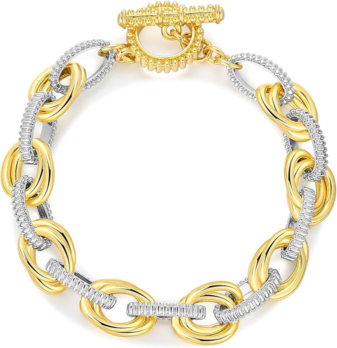 Mytys Link Bracelet for Women Gold and Silver 2 tone Circles Chain Wire Bangle Bracelets