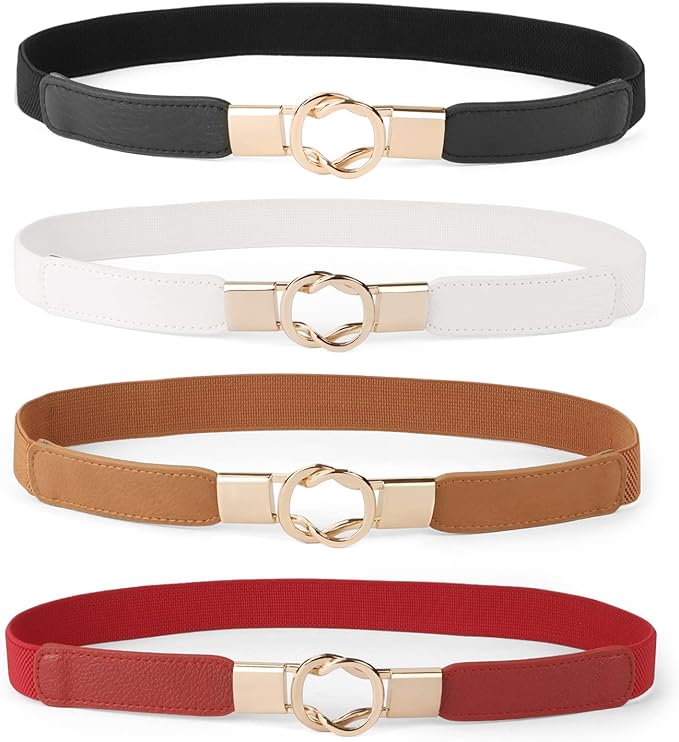 WERFORU Women Skinny Belt for Dresses Retro Stretch Waist Belt with Gold Buckle Set of 4