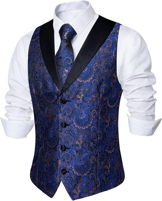 DiBanGu Mens Paisley Suit Vest Silk Jacquard Waistcoat and Necktie Set Formal Shawl Collar Dress Vest 7PCS for Wedding Party
