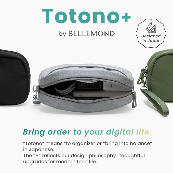 BELLEMOND「Totono+」| Cord Organizer Tech Pouch | Travel Electronics Organizer Case for Cables & Chargers | Hidden AirTag Slot & Cable Pass-Through | Designed in Japan | Charcoal Gray