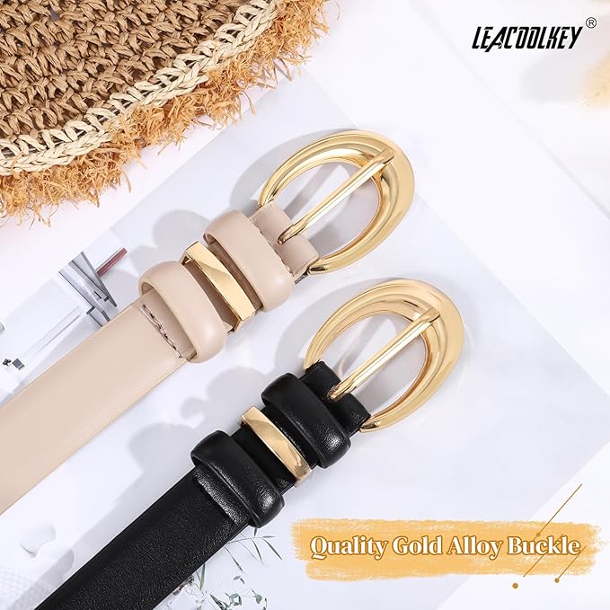 2 Pack Women Leather Belts for Jeans Dress Fashion Ladies Belt with Gold Silver Buckle