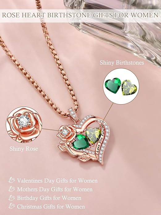 Rose Heart Necklaces for Women, Rose Gold Forever Love Jewelry with 2 Birthstones Pendant, Christmas Anniversarry Birthday Gifts for Her Wife Mom Grandma, 18+2 Inch Chain