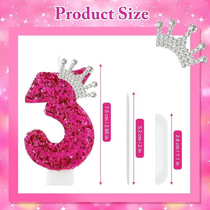 Hot Pink Birthday Candles Crown Number 3 Candle Birthday Party Decorations Cake Topper Cupcake Decor for Anniversary Celebrations Supplies