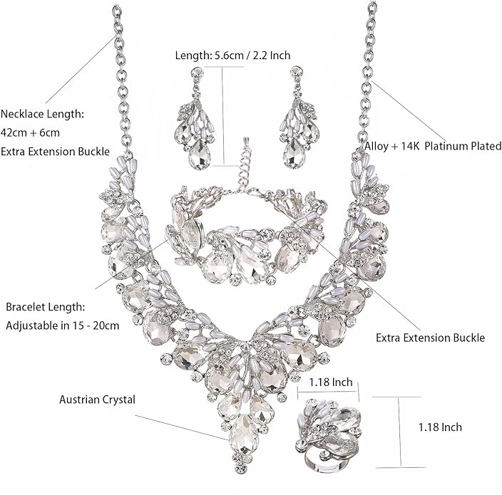 Jewelry Set for Women, Statement Necklace Dangle Earrings Bracelet Ring, White/KC Gold Plated Jewelry Set with Rhinestone Pearl Crystal Wedding Party Jewelry for Bridal Bridesmaid