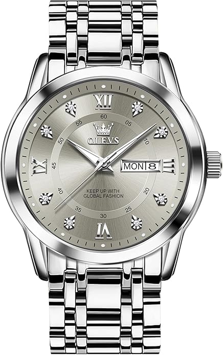 OLEVS Men's Stainless Steel Watch, Large Face Roman Numerals Diamond Accented Three-Hand Analog Quartz Watches for Men, Easy to Read Day Date Waterproof Luminous Mens Wristwatch