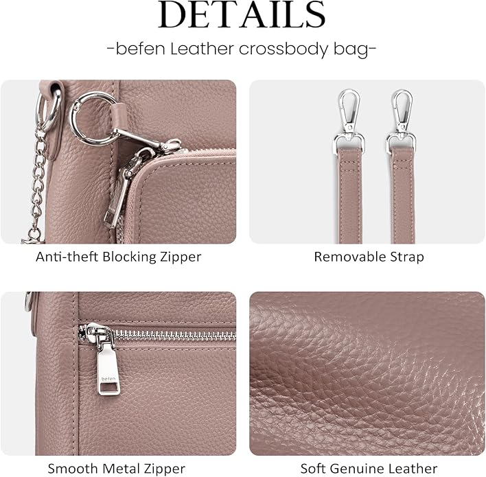 befen Anti Theft Genuine Leather Crossbody Bags for Women Handbags and Shoulder Basg with Built in Wallet RFID Leather Purse