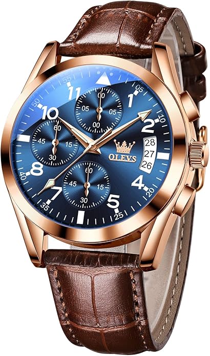 OLEVS Men's Casual Leather Watch, Big Face Chronograph Watch for Men, Fashion Easy to Read Dress Watch, Men's Waterproof Luminous Date Analog Watch, Gold/Black/White/Blue Dial