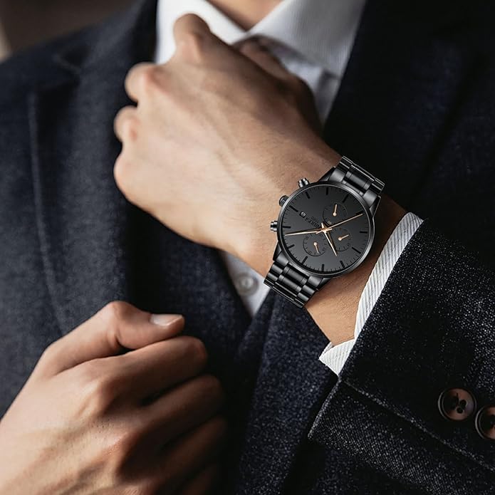 NIBOSI Men's Watches Analog Minimalist Black Dial Watches for Men Business Chronograph Military Casual Wrist Watches Stainless Steel Strap Date