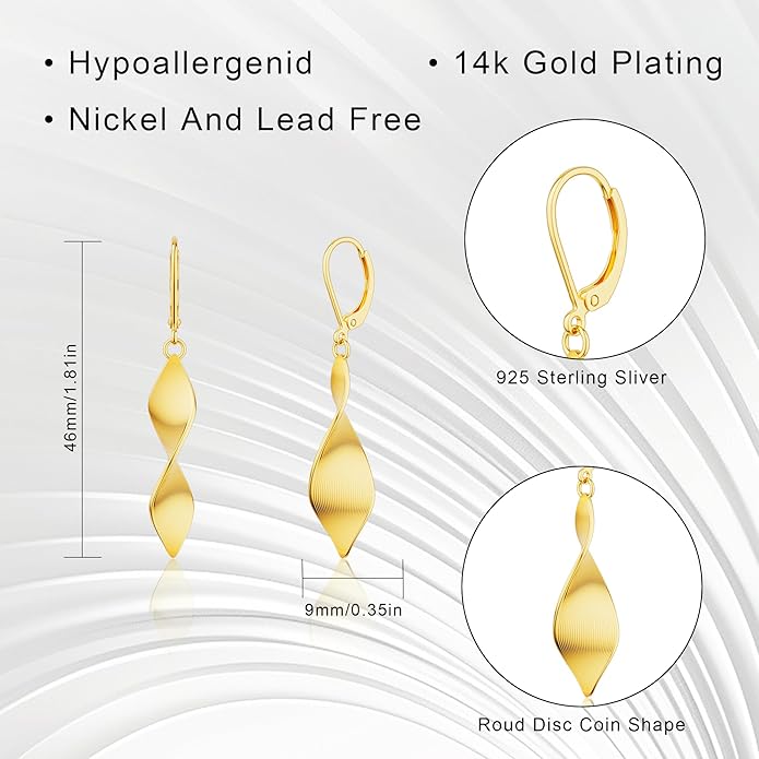 Gold Dangle Earrings for Women, 14K Gold Plated Lightweight Hypoallergenic Teardrop Drop Earrings, Trendy Leverback Minimalist Jewelry for Sensitive Ears Vacation Wear, 7-Styles