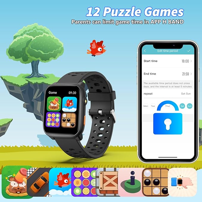 Kids Smart Watch with Puzzle Games, 1.83" Kids Watches Heart Rate, Sleep Monitor, Pedometer, Alarm Clock, Flashlight, Gift for 6-16 Year Old Boys Girls Toys (Black)