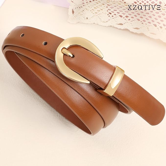 XZQTIVE Women Skinny Leather Belts for Jeans Dress Pants Fashion Ladies Thin Black Waist Belt with Gold Buckle