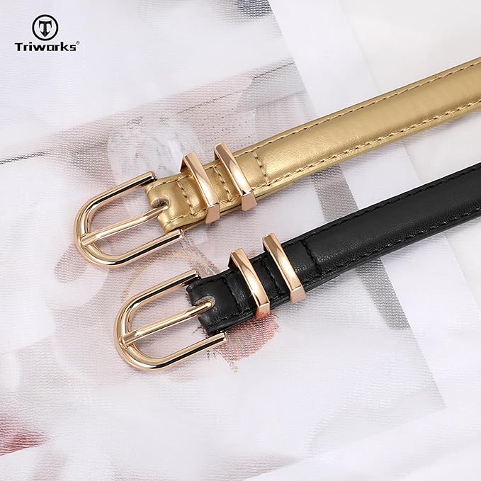 2 Pack Women Skinny Leather Belts for Jeans Pants Thin Faux Leather Belt with Gold Buckle