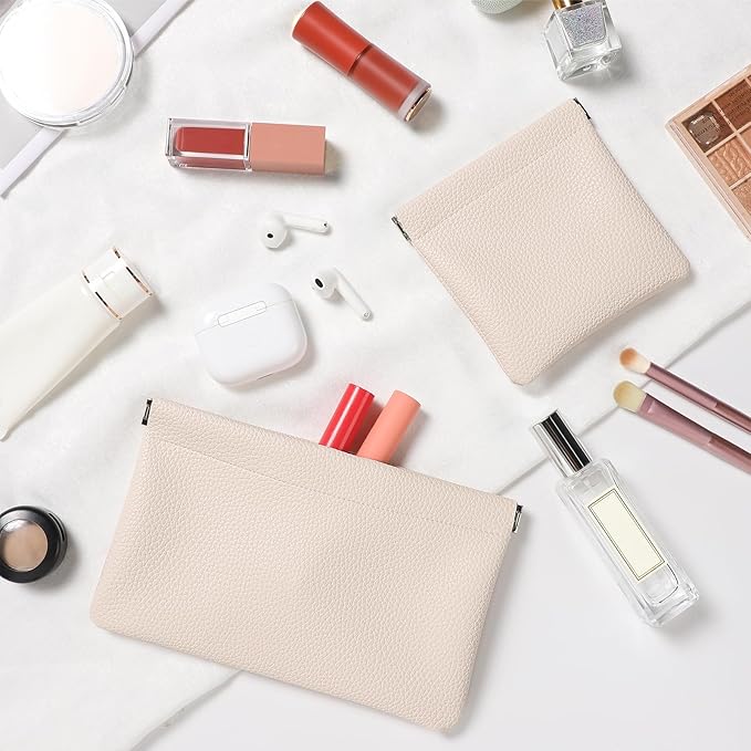Sightor Leather Pocket Cosmetic Bag for Purse, 2 Pack Small Makeup Bag for Women Coin Purse Lipstick Cosmetic Accessories Organizer Travel Cosmetic Pouch (Creamy)