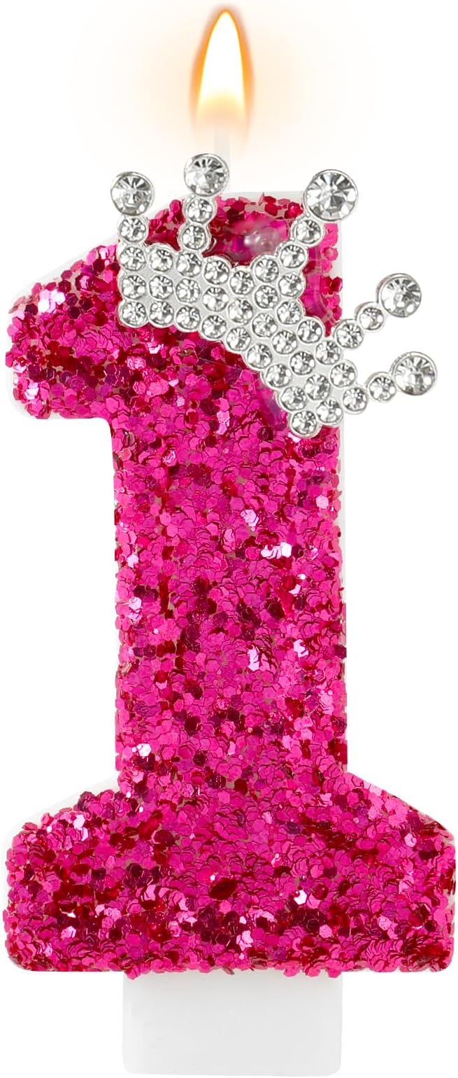 Hot Pink Birthday Candles Crown Number 1 Candle Birthday Party Decorations Cake Topper Cupcake Decor for Anniversary Celebrations Supplies