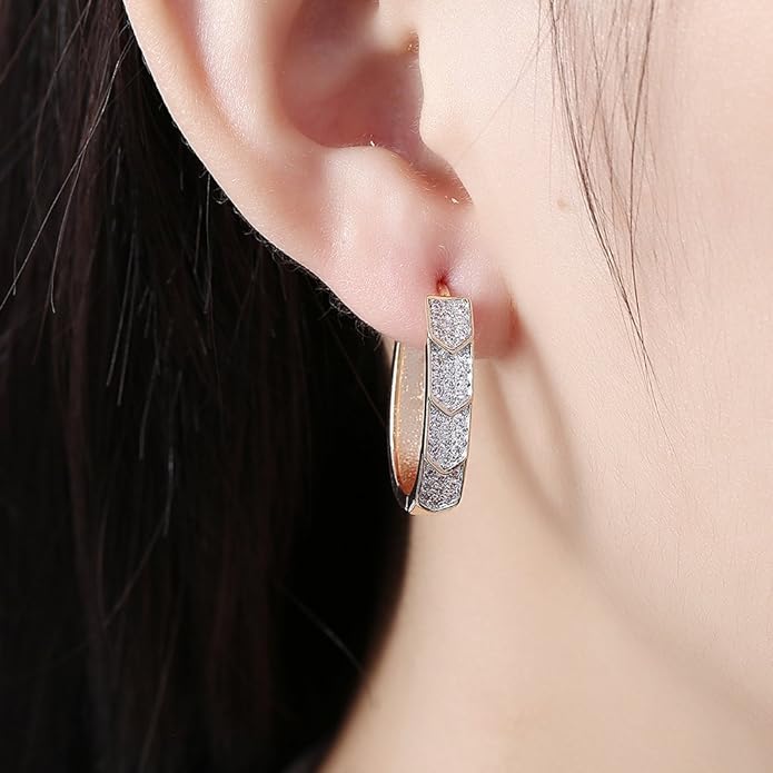 14K Gold Plated Cubic Zirconia Hoop Earrings,Three Row Diamon | Arrows | Double Row of Diamonds Huggie Earrings for Women