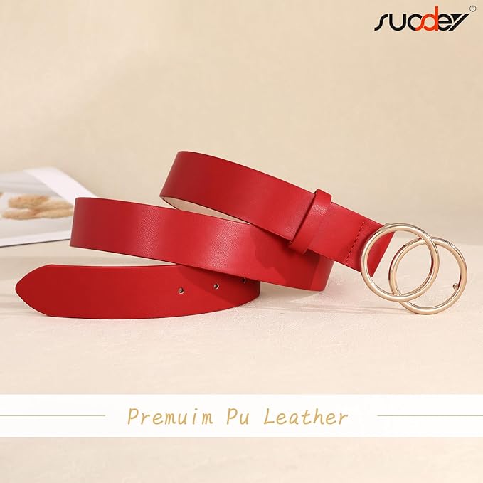 SUOSDEY Women Leather Belt Fashion Double O-Ring Soft Faux Leather Waist Belts For Jeans Dress