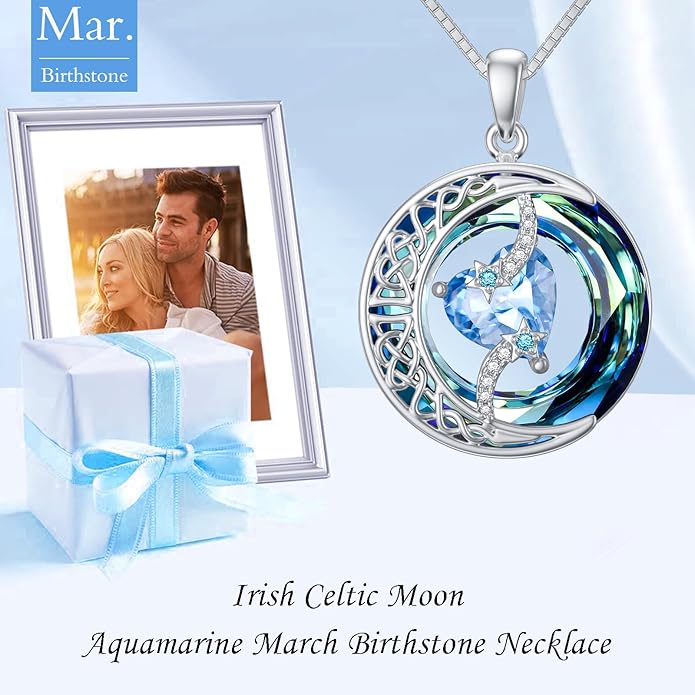 TOUPOP Birthstone Necklace 925 Sterling Silver Moon and Star Pendant with Blue Crystal Celtic Moon Jewelry Birthday Valentines Day Gifts for Women Mom Wife Her