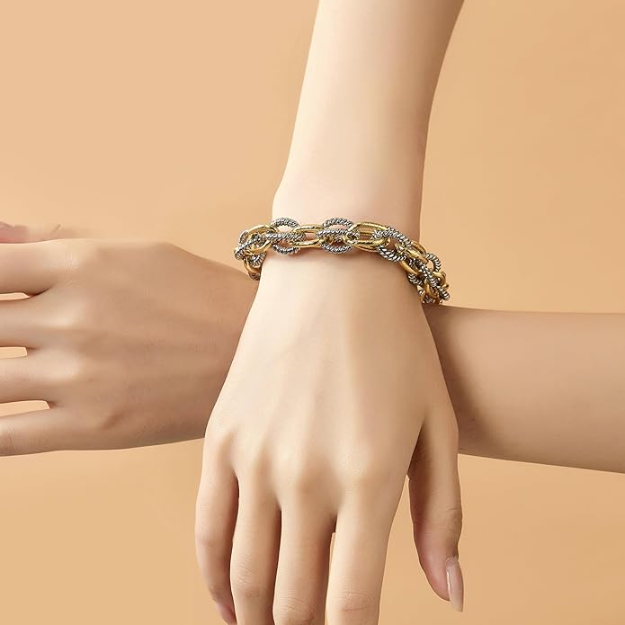 Mytys Chunky Chain Link Bracelet Two-Tone Mixed Metal Textured Toggle Clasp Statement Bangle Bracelet Jewelry for Women Fashion