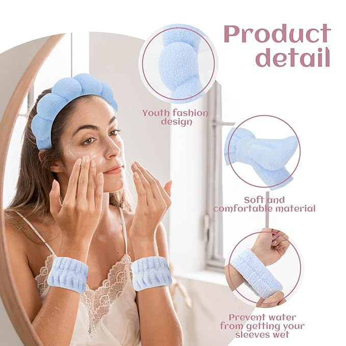 Puffy Spa Headband & Wristband Set – Sponge Makeup & Skincare Headband for Washing Face, Cute Present for Teenage Girls, Teen Girl Gifts, and Self-Care Essentials for Women