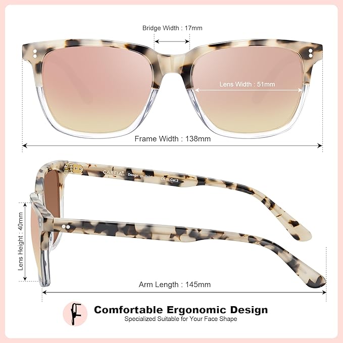 CARFIA Polarized Sunglasses for Women: Acetate, Small/Medium Size, UV400 Anti Glare CA5354