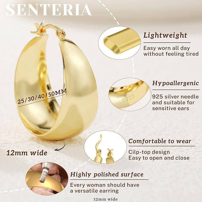 Senteria 12mm Wide Thick Hoop Earrings 925 Sterling Silver Hoop Earrings for Women Hypoallergenic 14K Real Gold Plated Hoops Large Earring Lightweight Chunky Hoops Earring for Women 25/30/40/50MM