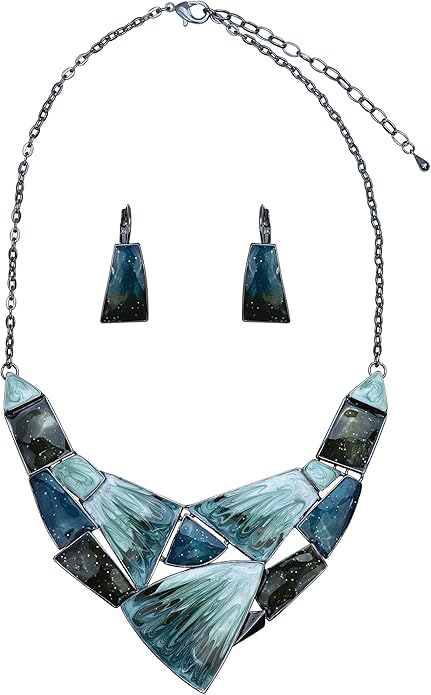 Irregular Enamel Triangle Shape Collar Bib Statement Necklace Earrings Set Women Bridal Jewelry