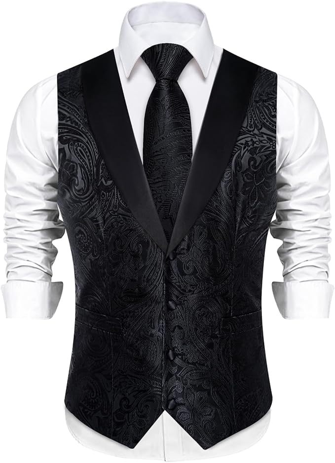 DiBanGu Mens Paisley Suit Vest Silk Jacquard Waistcoat and Necktie Set Formal Shawl Collar Dress Vest 7PCS for Wedding Party