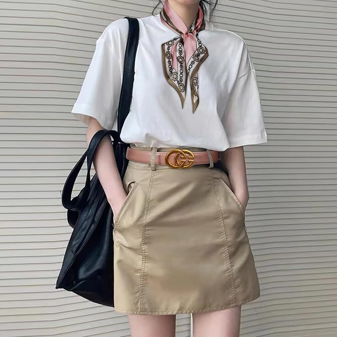 Women's Fashion Classic Metal Buckle Leather Belt with Jeans Dress