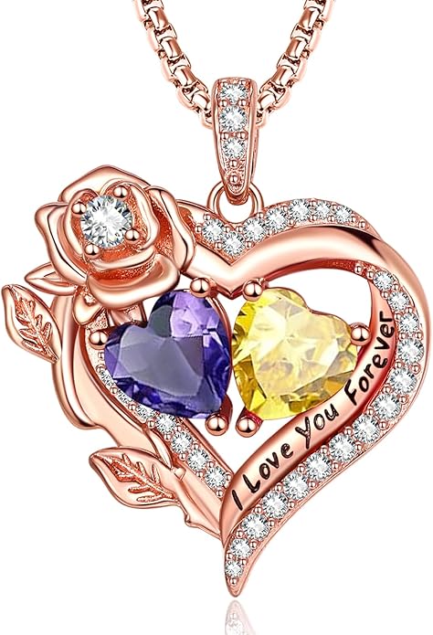Rose Heart Necklaces for Women, Rose Gold Forever Love Jewelry with 2 Birthstones Pendant, Christmas Anniversarry Birthday Gifts for Her Wife Mom Grandma, 18+2 Inch Chain