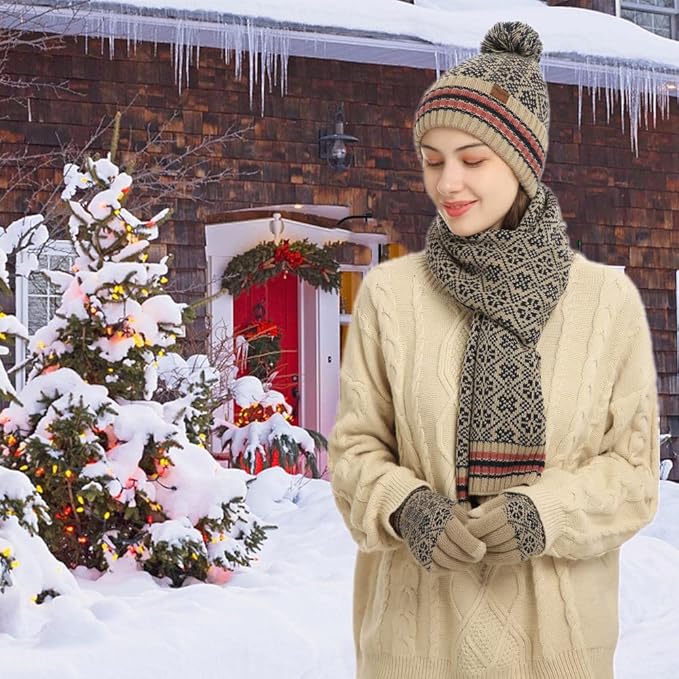 Winter Hat Scarf Gloves Set for Women Womens Knit Warm Hat Beanie Long Scarf Touchscreen Gloves Skull Caps Neck Scarves