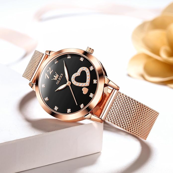 OLEVS Women's Small Wrist Rose Gold Tone Watch - Cute Diamond Heart Arabic Numerals Dial, Fashion Waterproof Mesh Bracelet Analog Dress for Ladies
