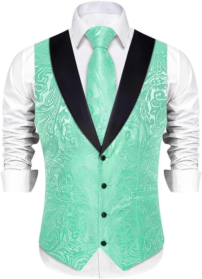 DiBanGu Mens Paisley Suit Vest Silk Jacquard Waistcoat and Necktie Set Formal Shawl Collar Dress Vest 7PCS for Wedding Party